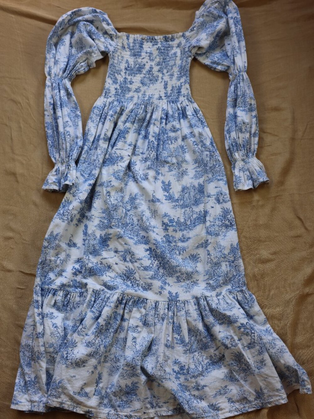 Nothing Fits But Toile Cottagecore Linen Blend Smocked Puff Sleeve Midi Dress